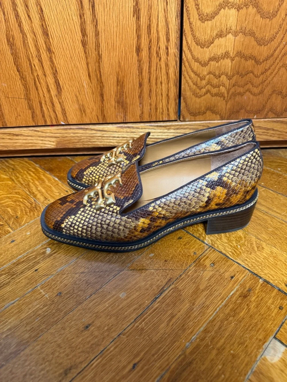 Tory Burch Brown & Tan Snakeskin-Print Leather Loafers with Gold Logo